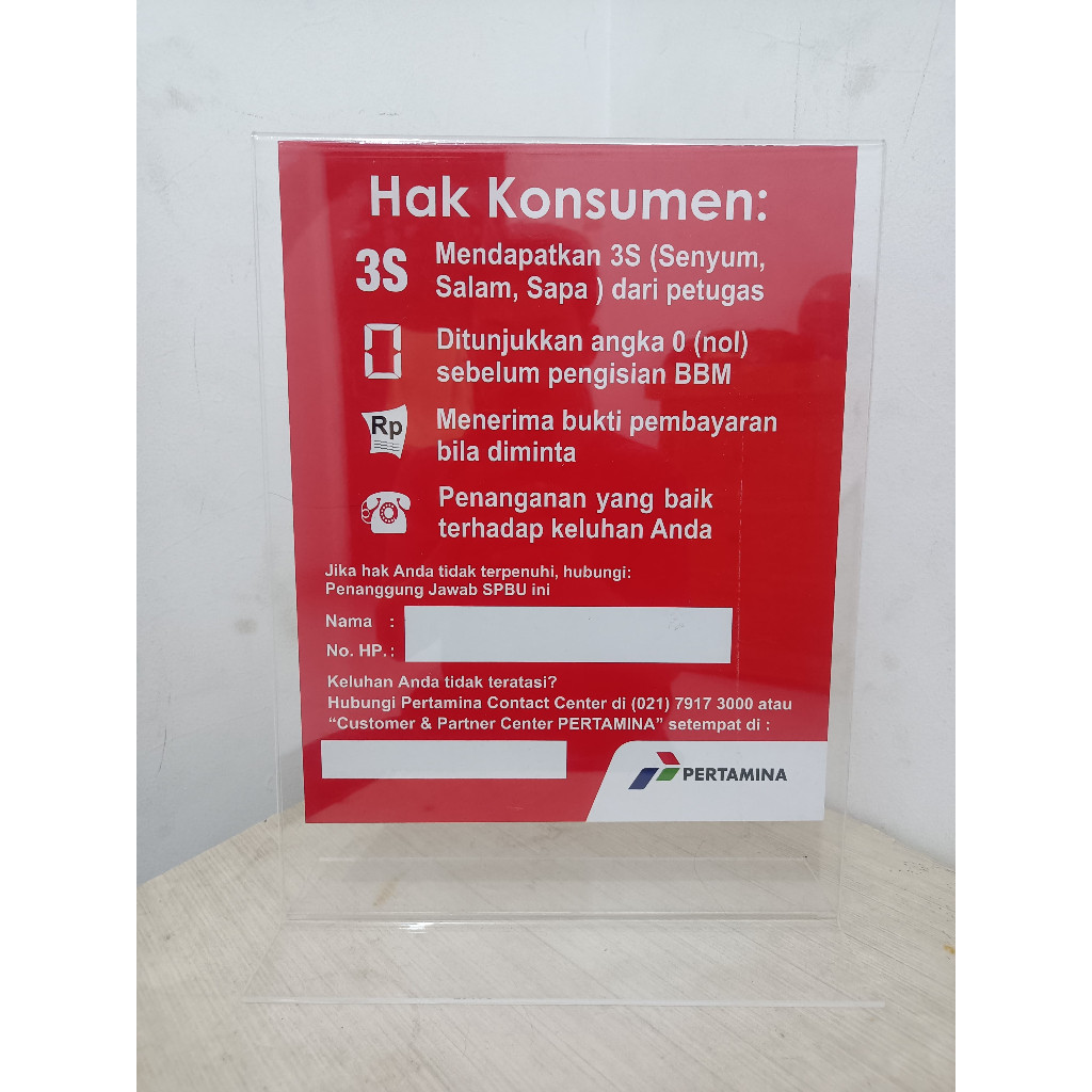 Akrilik Hak Konsumen 3S Spbu Pertamina
